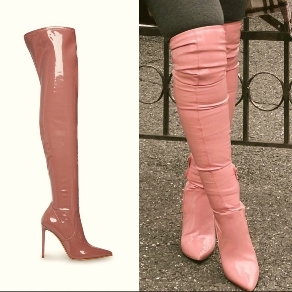 Pink patent high heel boots in pink 😍 so cute on 👌🏽💘
